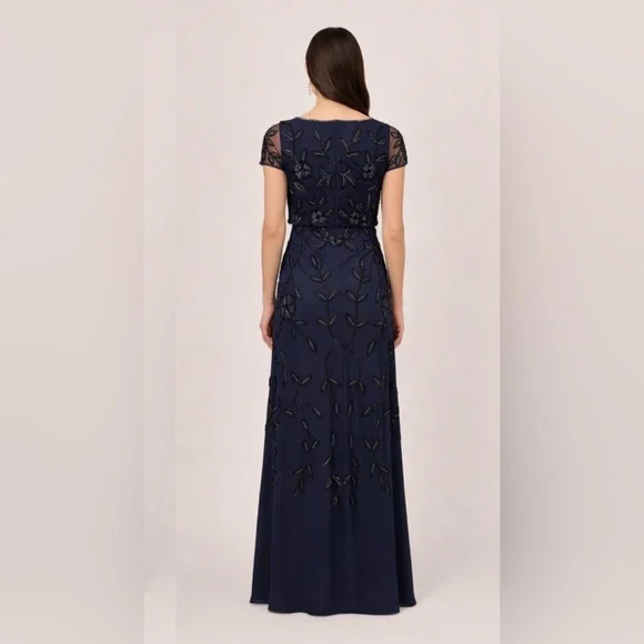 Adrianna Papell Navy Beaded Floral Gown NWT Size 14 Formal Evening Short  Sleeve - threedaughtersproperties.com